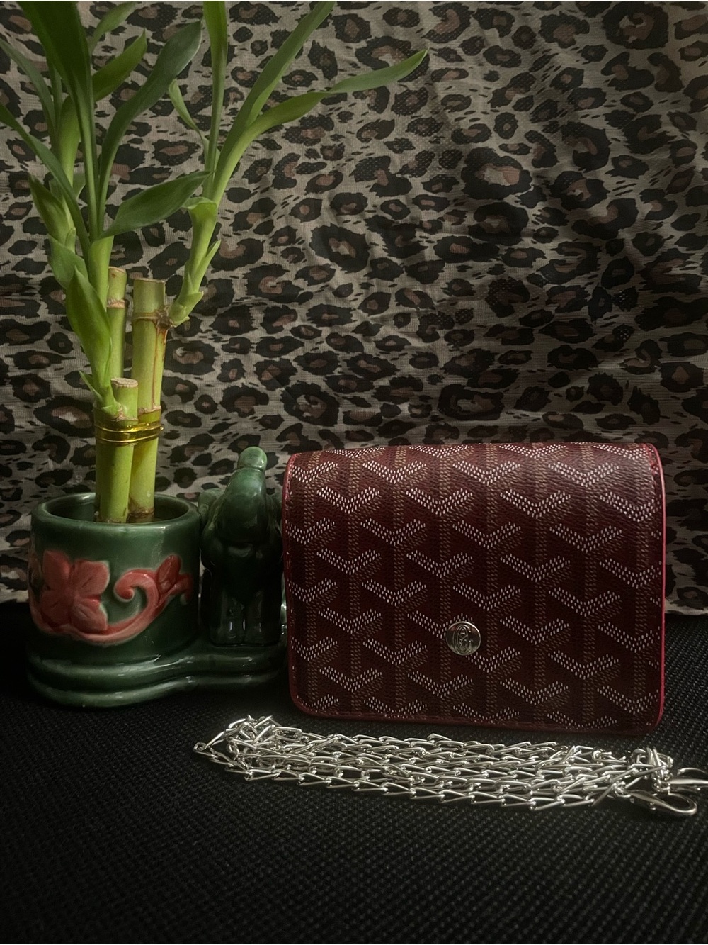 Goyard-Style Burgundy Chevron Crossbody Bag with Silver Chain